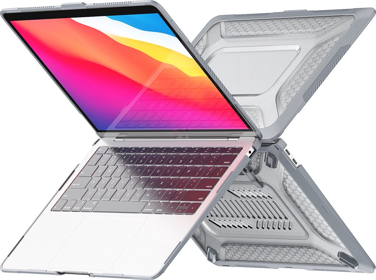 Heavy Duty Cover - Geschikt voor MacBook Air 13,3 inch - Case - Extreme Valbescherming - Hardcase + Softcase - A1932/A2179/A2337 (M1, 2018-2022) - Grijs