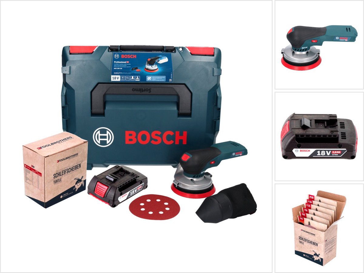 Bosch GEX 18V-125 Professional accu-excentrische schuurmachine 18 V 125 mm borstelloos + 1x accu 2,0 Ah + 1x Toolbrothers TURTLE schuurset + L-BOXX - zonder oplader
