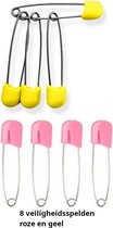 veiligheidsspeld voor wasbare luiers - veiligheidsspelden - 8 spelden met kap - set 4x baby roze - 4x pastel geel