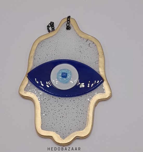 Handgemaakte Glazen Nazar Amulet - Unieke Bescherming tegen Negativiteit met Oogvormig Ontwerp in Blauw, Wit en Goud, 16cm