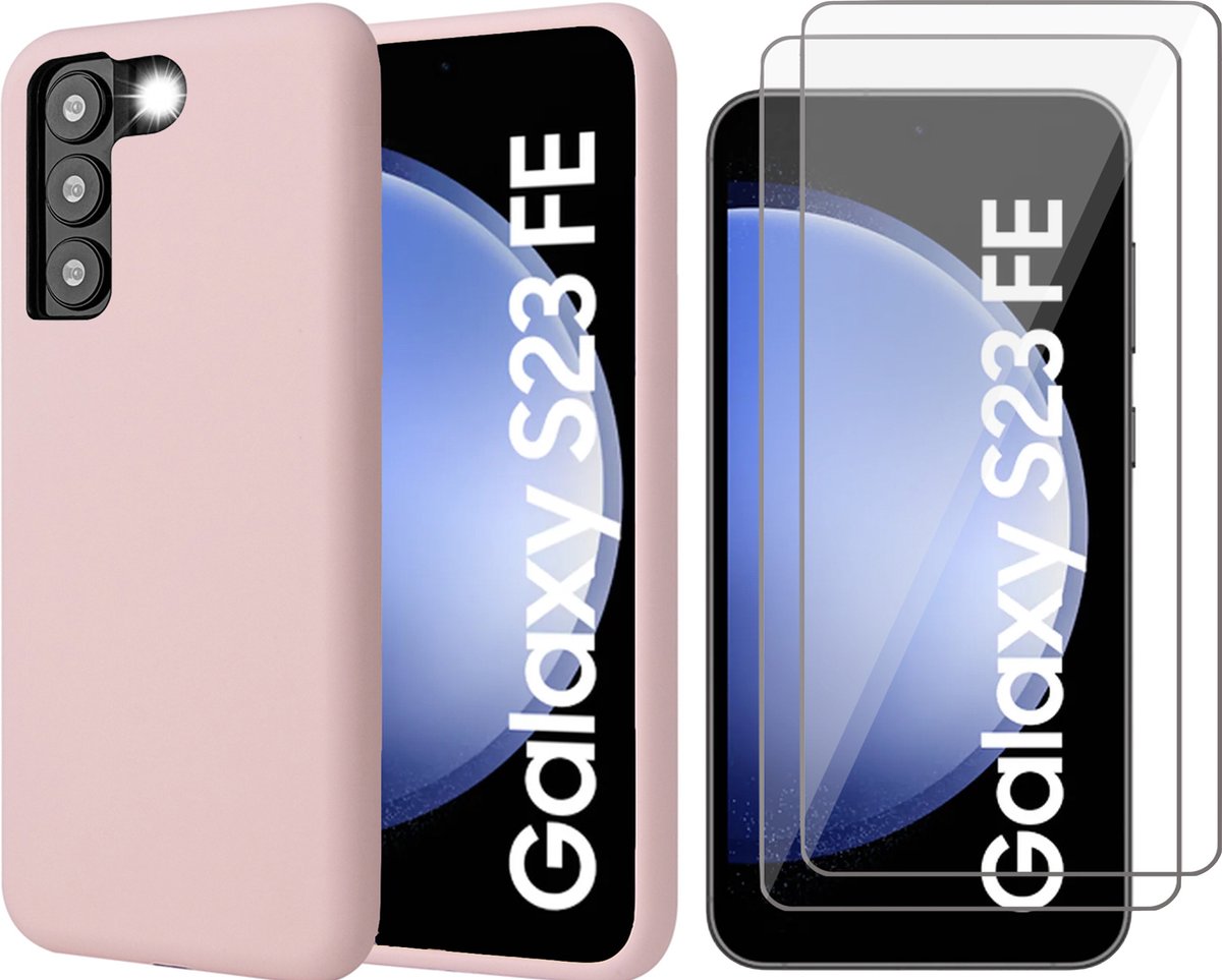 Hoesje geschikt voor Samsung Galaxy S23 FE - 2x Screenprotector Glas - Mat Back Case Roze