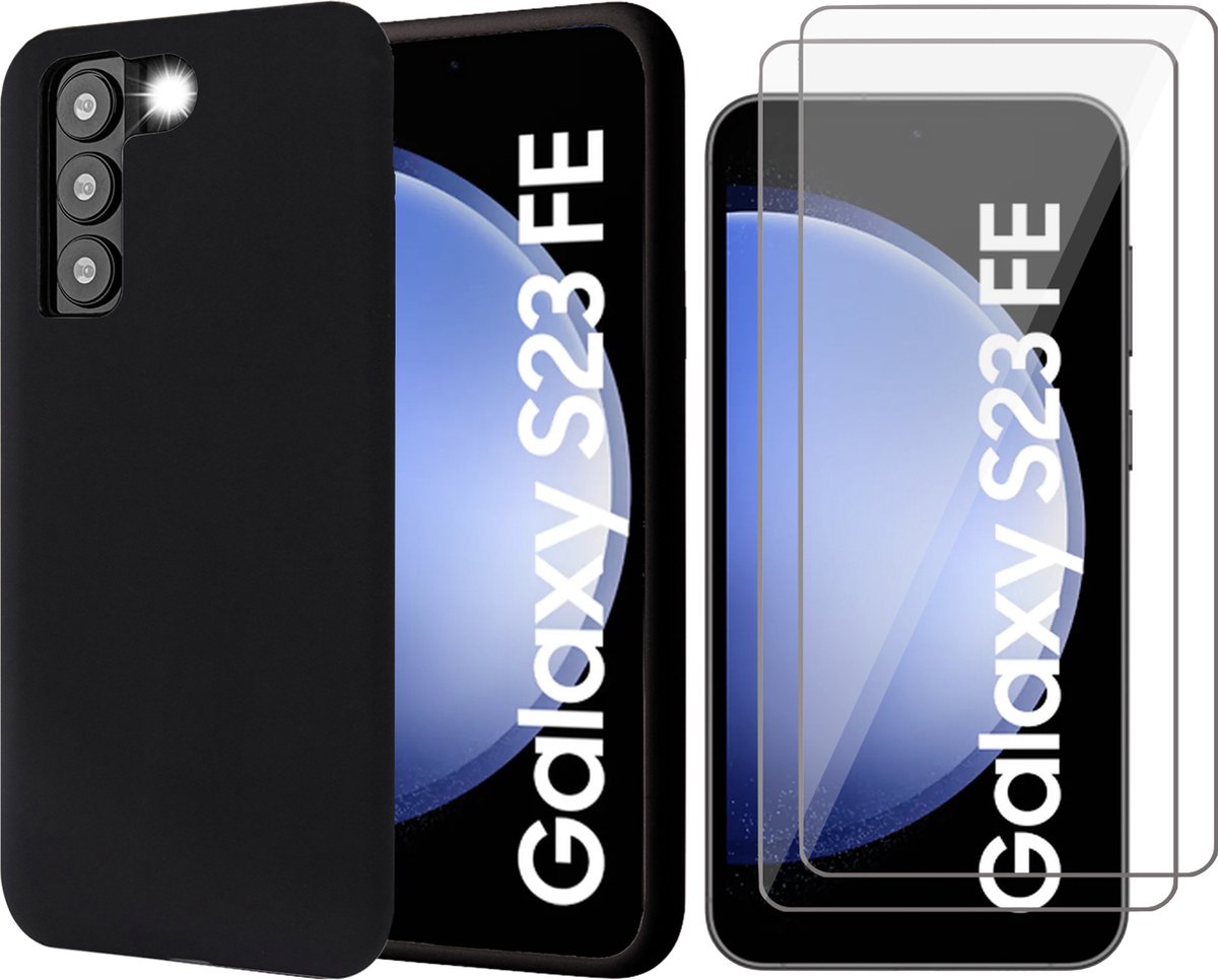 Hoesje geschikt voor Samsung Galaxy S23 FE - 2x Screenprotector Glas - Mat Back Case Zwart