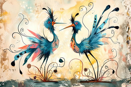 JJ-Art (Canvas) 120x80 | Sierlijke pauwen, abstract, modern surrealisme, kunst | dier, vogel, blauw, bruin, rood, modern | Foto-Schilderij canvas print (wanddecoratie)