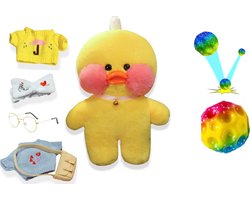 Lalafanfan Duck - Paperduck - Cafe Mimi - Paperduck Kleur Geel inclusief accessoires - bril - tasje - truitje - Hoofdband - Premium Quality - Inclusief Moon Ball fidget 2024 nieuw Nasa Moon ball met led verlichting