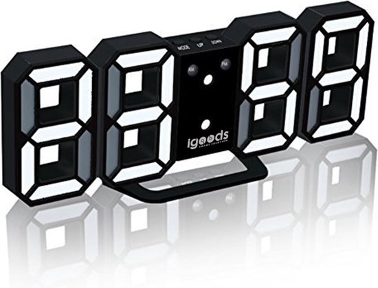 Igoods Digitale Tafelklok - Led Wekker Klok - Digitale 3D Wekker - Moderne Bureauklok - Met Temperatuurmeter - Zwart/Wit