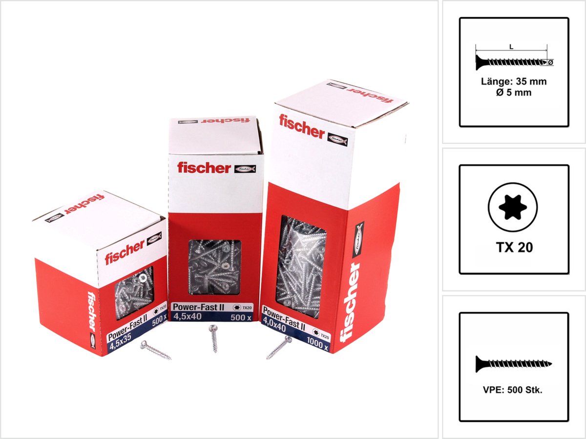 Fischer 500x Power-Fast II FPF II CTF 5 x 35 mm BC verzonken kop met binnenvierkant TX20 volledraad galvanisch verzinkt blauw gepassiveerd - 670353