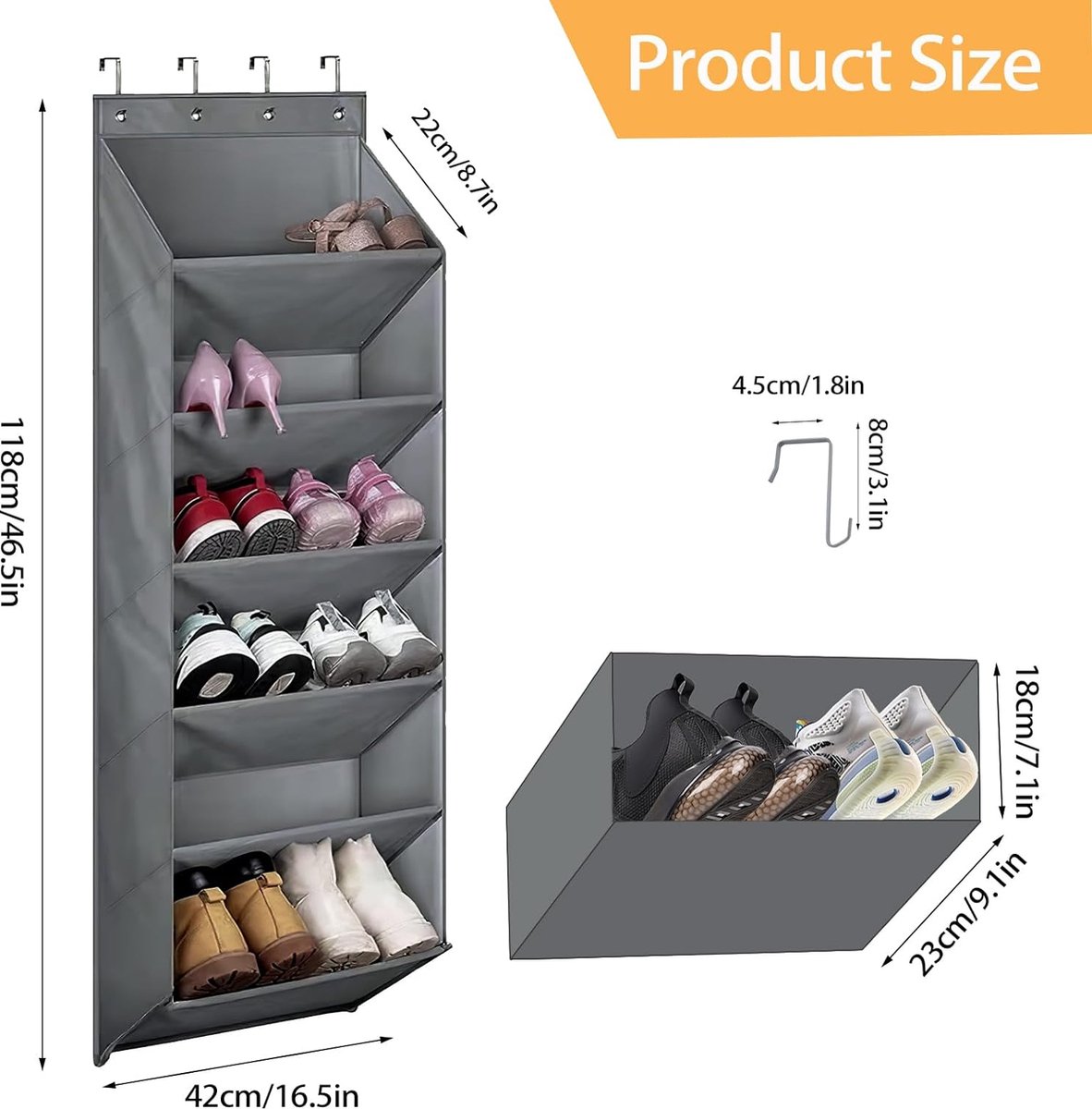 Schoenorganizer voor de deur, 6 planken, hangend schoenenrek met diepe vakken voor 12