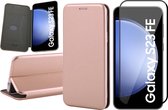 Hoesje geschikt voor Samsung Galaxy S23 FE - Screenprotector Volledig Dekkend Glas - Wallet Book Case Rosegoud