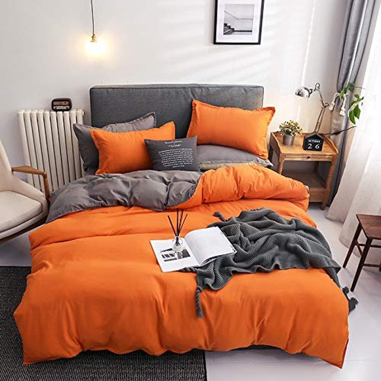 Beddengoed 135 x 200 cm, oranje grijs, omkeerbaar beddengoed, 2-delig, superzacht microvezel, dekbedovertrek met ritssluiting en 1 kussensloop 80 x 80 cm