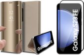 Hoesje geschikt voor Samsung Galaxy S23 FE - Screenprotector Volledig Dekkend Glas - Spiegel Book Case Goud