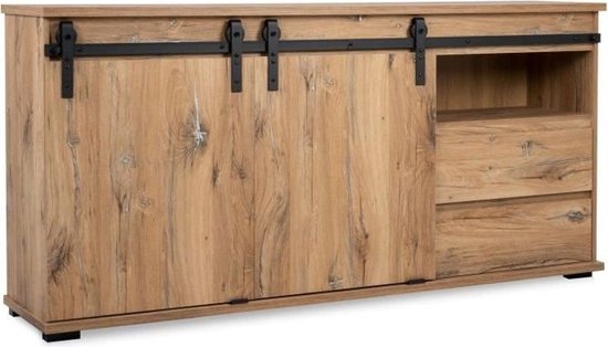 Manzano Buffet - Deeltjespanelen - Flagstaff Chene - 2 schuifdeuren, 2 laden, 1 niche - L 180 x H 87 x L 40 cm