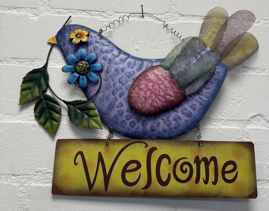 Metalen decoratie (tuin) hanger "welcome" paarse vogel - meerkleurig - hoogte 29 x 39 x 1 cm - Woonaccessoires - Decoratieve hangers - Tuinaccessoires