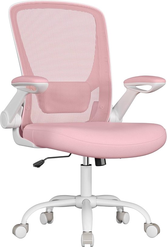 Ergonomische bureaustoel van canvas, fauteuil, gevoerde lendensteun, schommelmechanisme, 53 cm brede zitting, inklapbare armleuningen, snoeproze HMBN037R01
