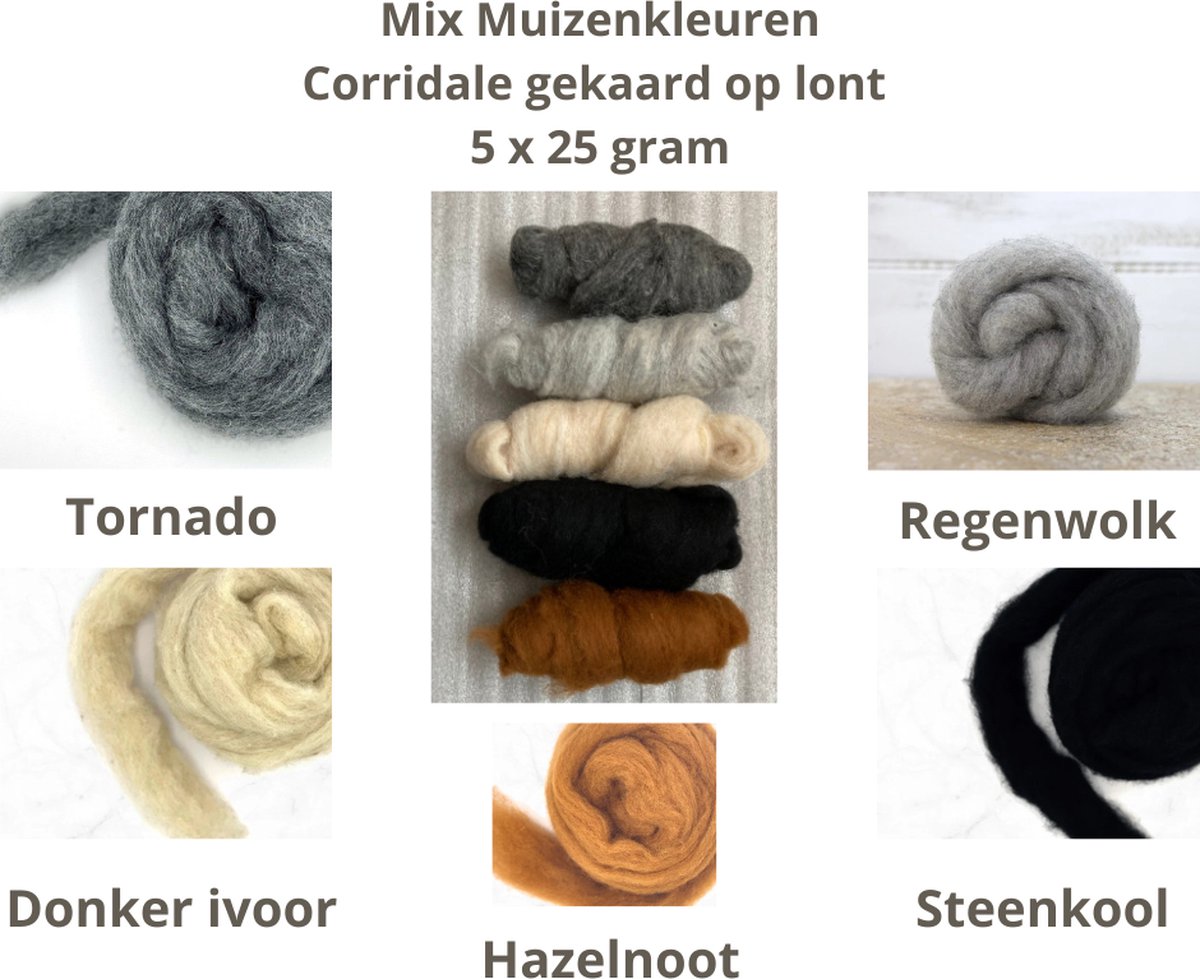 Mix Muizen kleuren wol gekaard op lont (viltwol) Naaldvilten