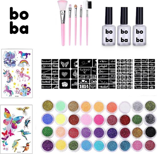 Boba Glitter Tattoos Kinderen - Glitter Tattoo Sjablonen - Glitter Tattoo Set - Glitter Schmink - Schminkset - Carnaval