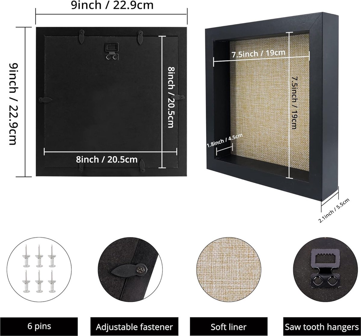 Cadre Boîte 3D Muzilife 20x25cm - Noir Avec Vitre En Verre Et Planche En Toile