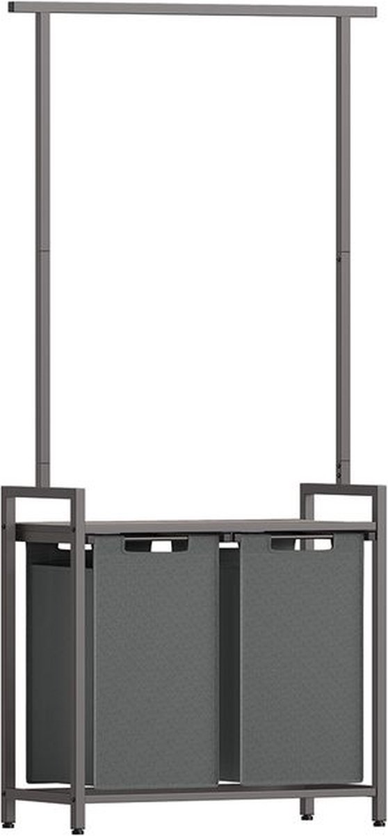 Goedkoopste Wasmand 2 compartimenten - Wassorteerder met kledingrek - 2 x 46 L - uittrekbaar - afneembaar - metalen frame - 73 x 33 x 177 cm - greige gevlekt leigrijs