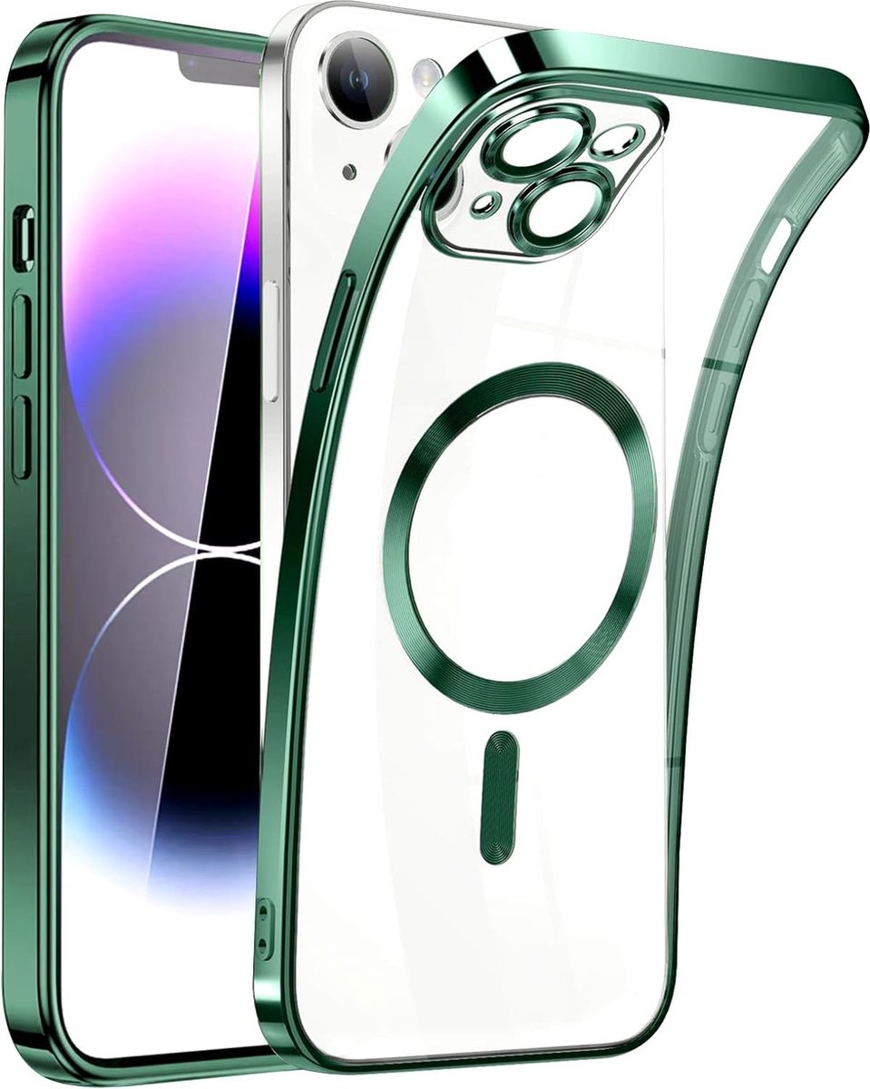 Magnetic Clear Silicone hoesje met geïntegreerde Camera Lens Protector - schokbestendig [Magsafe Magnetische Ring Case] - groen - Geschikt voor iPhone 15 plus