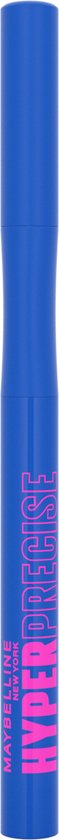 Een rechte, blauwe Maybelline Hyper Precise eyeliner, staand.