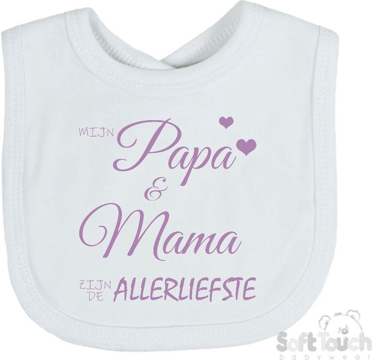 Goedkoopste Soft Touch Slabber Slabbetje Slab Mijn papa & mama zijn de allerliefste Unisex Katoen Wit/lila Maat 33x22 Cm