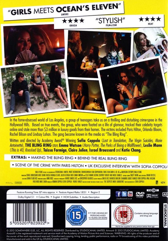 Achterkant van de 'THE BLING RING' Blu-ray met filmrecensies en details.