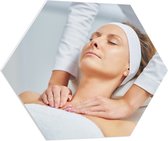 PVC Schuimplaat Hexagon - Vrouw - Spa - Gezichtsbehandeling - Massage - 80x69.6 cm Foto op Hexagon (Met Ophangsysteem)