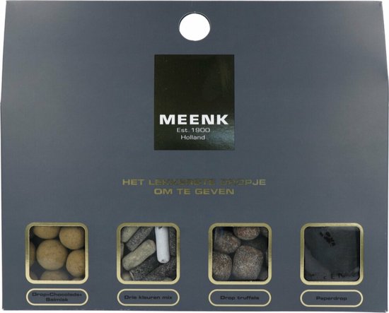 Meenk Geschenkset met vier vakken: drop met chocolade, driekleuren mix, drop truffels en pepermuntdrop.