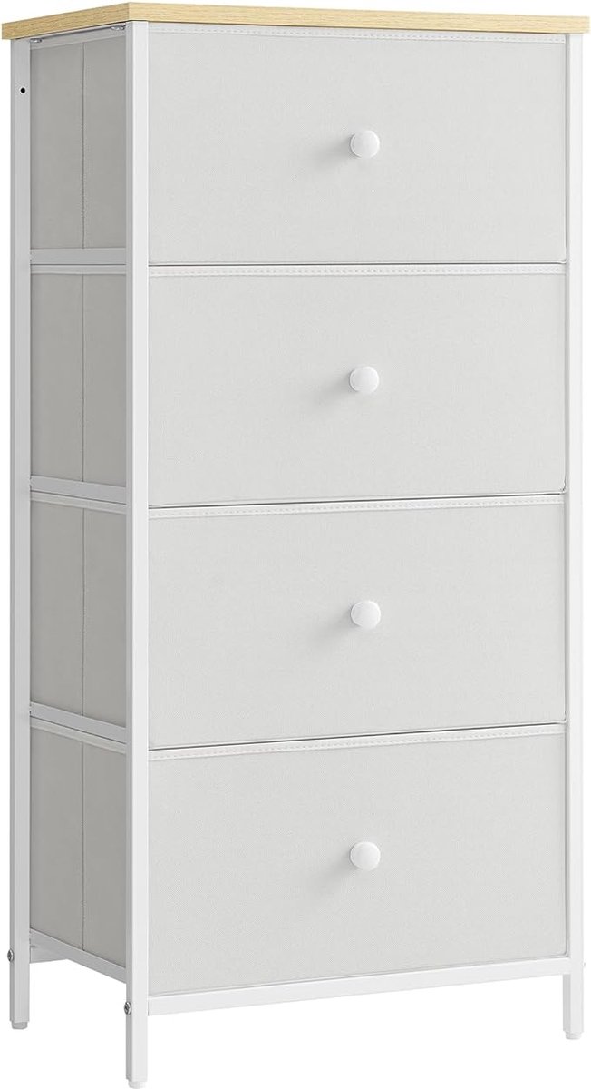 Hoppa! - Commode met 4 Stoffen Laden - Metalen Frame - Hoog en Smal - Wit-Eiken