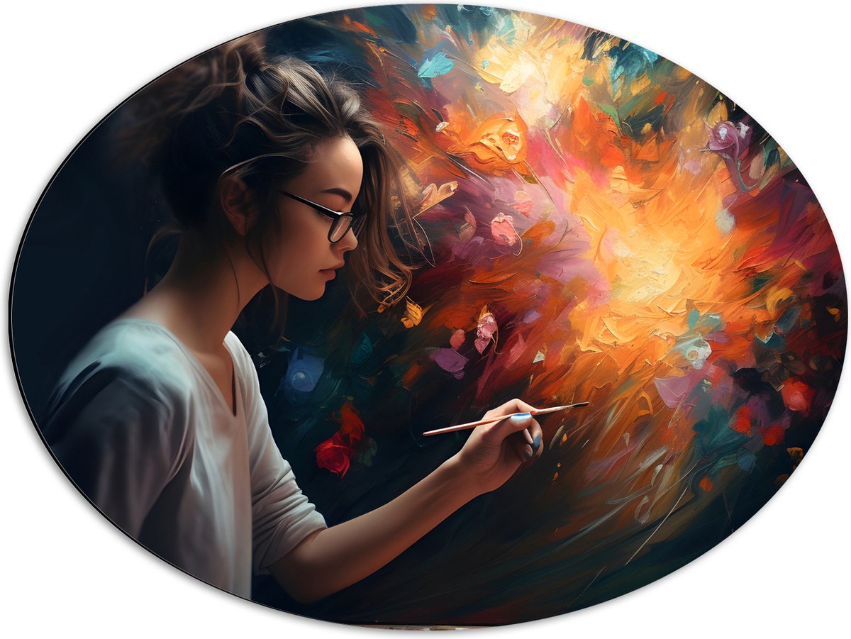 Dibond Ovaal - Vrouw - Kunst - Verven - Schilderen - Verf - Kleuren - 68x51 cm Foto op Ovaal (Met Ophangsysteem)