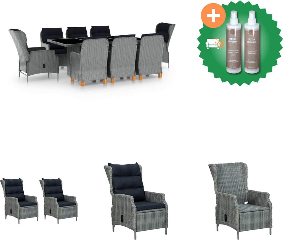 VidaXL Eethoek Tuinset Lichtgrijs 8 stoelen Rond PE-rattan Tuinset Inclusief Onderhoudsset