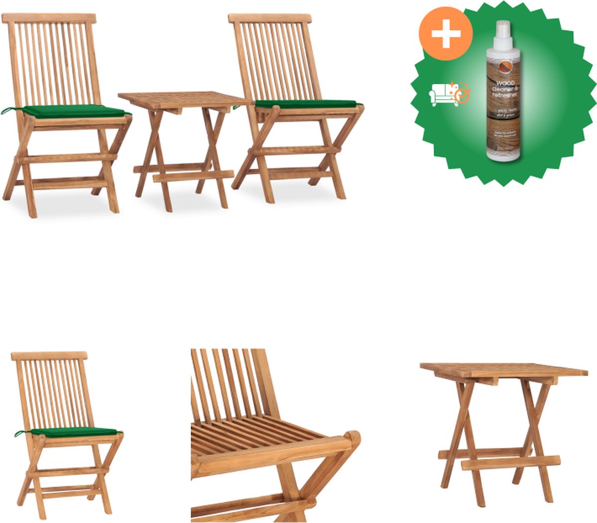 VidaXL Eethoek Teakhouten Tuintafel en stoelen 50x50x50 cm Groen kussen Tuinset Inclusief Houtreiniger en verfrisser