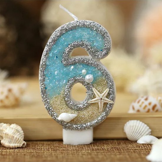 DW4Trading Bougie D'anniversaire 6 Bleue avec Étoile de Mer - Bougie Numéro - Décoration de Gâteau
