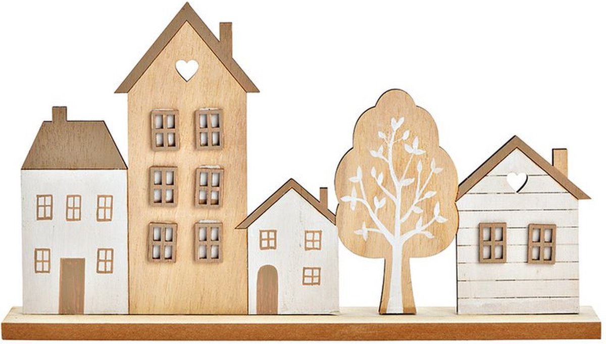 Decoratieve straat met huizen en een boom van natuurlijk hout (B/H/D) 30x17x5cm