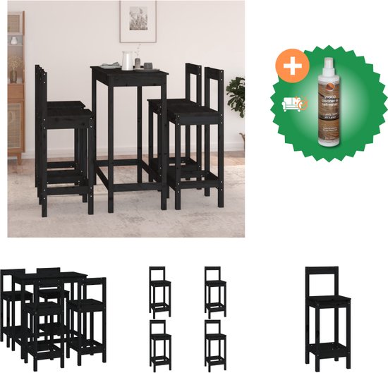 vidaXL 5-delige Barset massief grenenhout zwart - Set tafel en stoelen - Inclusief Houtreiniger en verfrisser