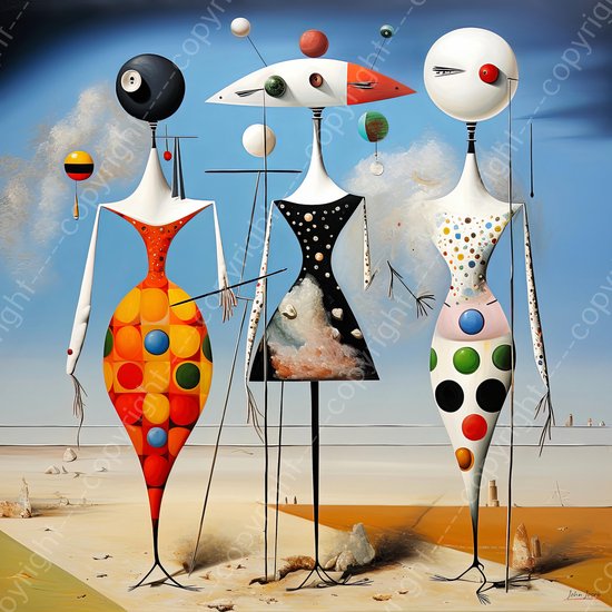 JJ-Art (Aluminium) 100x100 | Vrouwen op het strand in Salvador Dali stijl, abstract surrealisme, kunst | Vrouw, fashion, bruin, blauw, rood, wit, modern, vierkant | foto-schilderij op dibond, metaal wanddecoratie