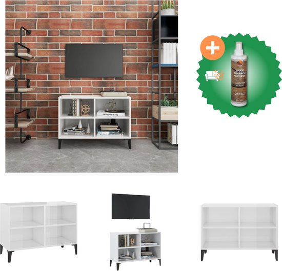 vidaXL Tv-meubel met metalen poten 69-5x30x50 cm hoogglans wit - Kast - Inclusief Houtreiniger en verfrisser