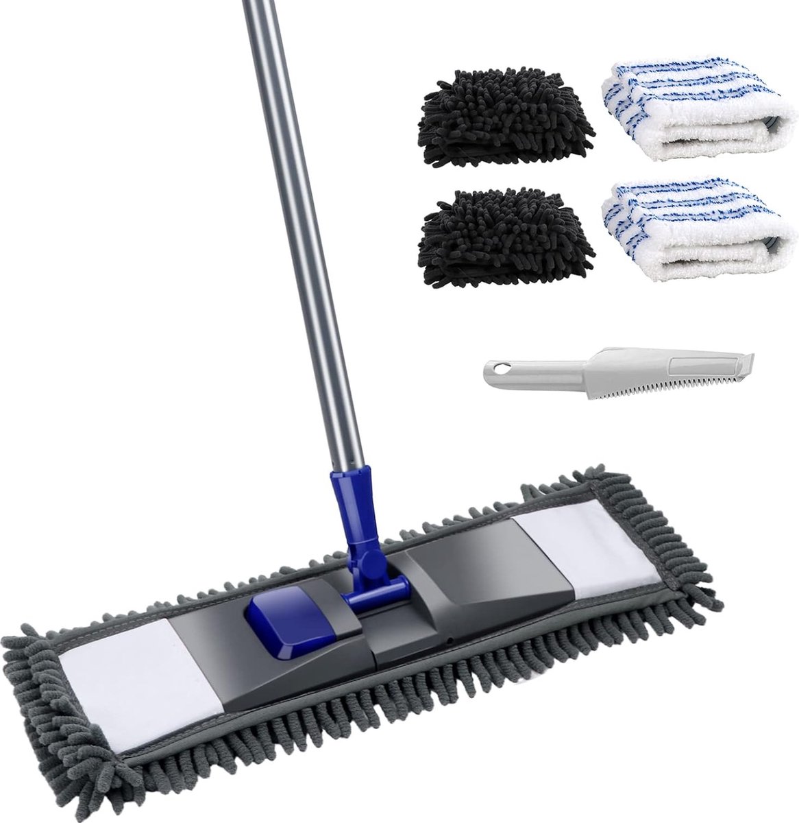 Goedkoopste Mop, vloerreiniger, microvezel, mop met 128 cm telescoopsteel, platte mop met 4 moppads voor hardhout, laminaat, tegels, marmer, scraping stof
