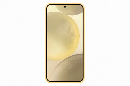 Een Samsung Galaxy S24+ met gele rand, met een abstracte achtergrond op het scherm.