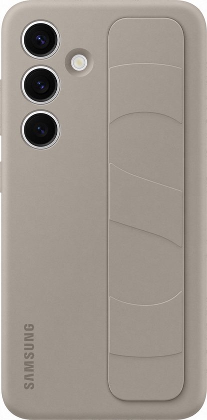 Beige telefoonhoes met een gripband op de achterkant en het Samsung logo.