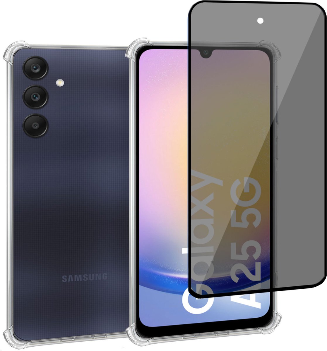 Geschikt voor Samsung Galaxy A25 - Hoesje + Privacy Screenprotector – Privé - Gehard Glas Cover