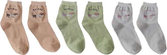 Teckel - sokken - 3 paar sokken - teckelprint - maat 34/39 - bruin - groen - grijs - hond - dachshund - 3 pack - teckelsokken - teckel sokken