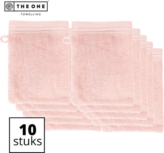 Set van 10 zalmroze washandjes, elk met een ophanglus, gepresenteerd in een voordeelverpakking.
