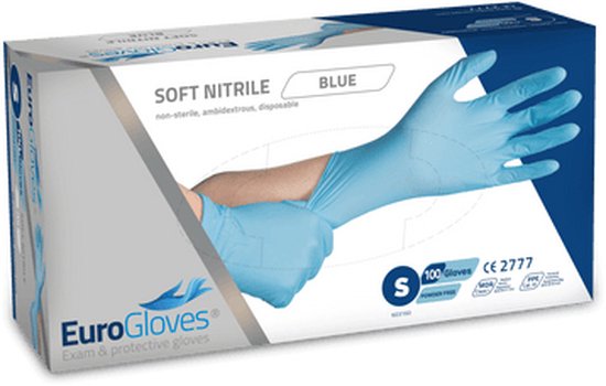 Voordeelverpakking handschoenen 2 x Eurogloves soft-nitrile poedervrij blauw - Small 100 stuks