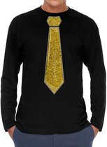 Bellatio Decorations Verkleed shirt heren - stropdas glitter goud - zwart - carnaval - longsleeve L