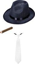 Gangster/Maffia/Capone verkleed set hoed - zwart - met witte stropdas en dikke vette sigaar