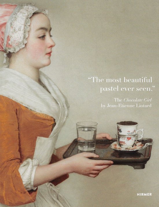 Een meisje in historische kledij, draagt een dienblad met een glas water en twee kopjes chocolade. "The Chocolate Girl" door Liotard.