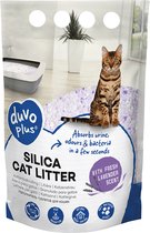 Kattenbakvulling van Duvo Plus silica met lavendelgeur. De verpakking toont een zittende kat op de vulling.