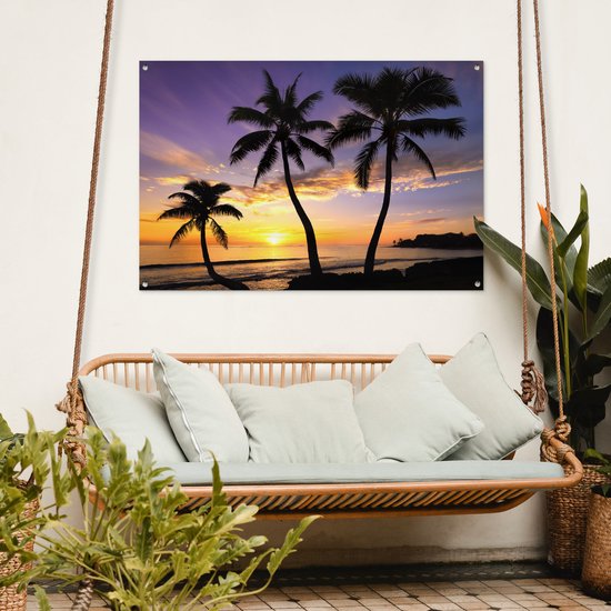 Affiche de jardin - Toile de jardin - Posters de jardin extérieur - Plage - Coucher de soleil - Palmiers - Tropical - 120x80 cm - Jardin