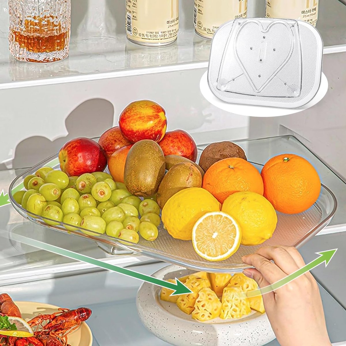 Rechthoekige organizer, 39,8 cm, koelkast-draaiplateau, organizer, rechthoekig, transparant, met antislip, 360 graden draaibaar, kruidenrek voor keuken, kast, werkblad