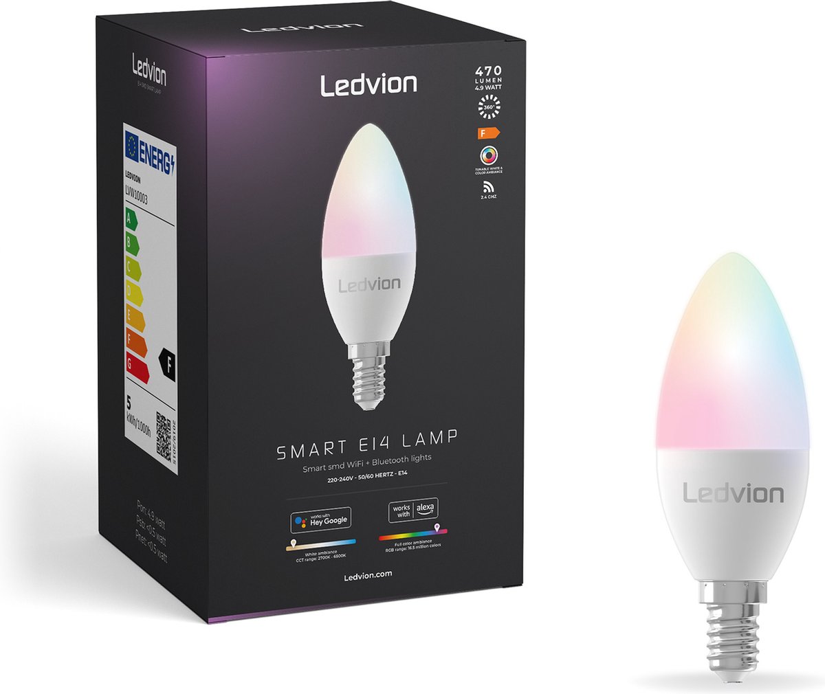 LEDVION Set van 2 SMART RGB+CCT E14 LED-lamp Wi-Fi-verlichting Wifi-lamp dimbaar 5W 470 Lumen compatibel met onder andere Alexa en Google Home